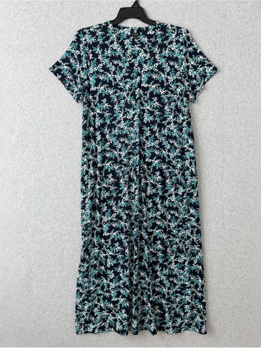 J. Jill Womens Maxi Dress Size Large Blue Teal Floral Short Sleeves Wearever